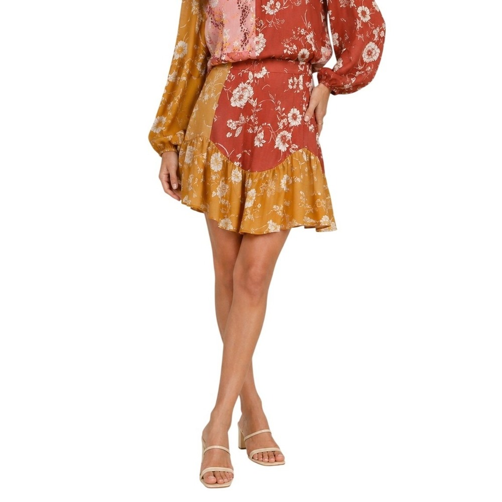 Walter Baker Skirt Women 6 Rust Yellow Floral Ruffle High Low Mini